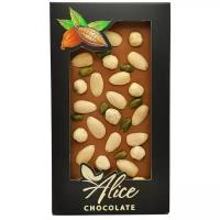 Шоколад ручной работы Alice Chocolate молочный с фундуком, миндалем и фисташкой, 100 гр