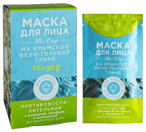 Маска ПРОТИВОВОСПАЛИТЕЛЬНАЯ для проблемной кожи на основе Крымской бело-голубой глины (саше пакет 30г упаковка картонный дисплей 10 шт) ЭМ, САШЕ