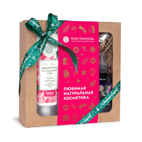 Подарочный набор косметики Чайная роза: Натуральный шампунь для волос на душистой воде РОЗА ЧАЙНАЯ; Натуральный бальзам для волос с кератином РОЗА ЧАЙНАЯ; Гидролат Розы
