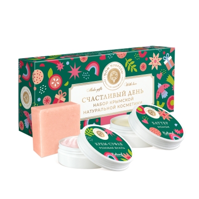 Подарочный набор Счастливый день: Мыло Натуральный уход 90 г, Крем-суфле для тела Розовая вуаль 50 г., Баттер для тела Монои 50 г