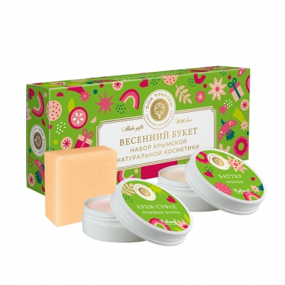 Весенний букет: Парфюмированное мыло Белая Фрезия 90г, Крем-суфле для тела Crimean Queen "Розовая вуаль" 50г., Баттер масло монои 50г. ОБНОВЛЕННЫЙ СОСТАВ