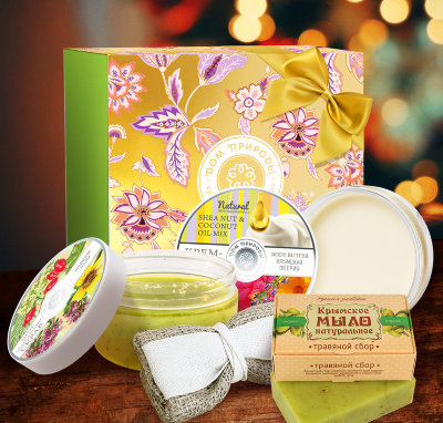 Подарочный набор МДП № 3 КРЫМСКАЯ ФЕЕРИЯ: Соляной скраб для тела Крымские травы, Крем-масло для тела Крымская феерия, Крымское мыло натуральное Травяной сбор, Мочалка джутовая