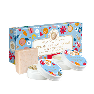 Подарочные наборы тм "Мануфактура ДОМ ПРИРОДЫ"(коробка) : Новогодний подарочный набор со снежинками АРОМАТНЫЕ КАНИКУЛЫ: Крем-суфле питательное, Масло монои, Парфюмированное мыло Пудровая ваниль и Ванильный соблазн