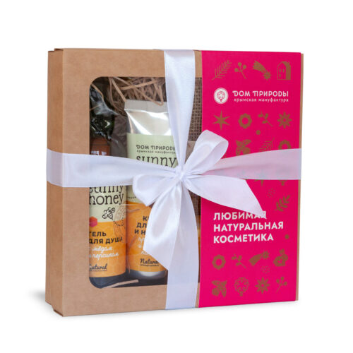 Подарочный набор косметики SUNNY HONEY: Гель для душа с медом и персиком; Крем для рук и ногтей Прополис и масло какао; Твердое мыло на кокосовых сливках Бережная забота с медом и прополисом; Джутовая мочалка