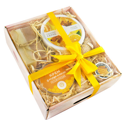 Подарочный набор "Лукошко " Набор "Лукошко" № 5 - Скраб сахарный "Апельсин с корицей" 270г, Бальзам для губ "Дикий мед" 14г, Восковой крем "Увлажняющий" 45г, Мыло крымское "Роза" 100г, Мыло на Козьем молоке "Сливочный мусс" 100г, Мочалка джутовая.