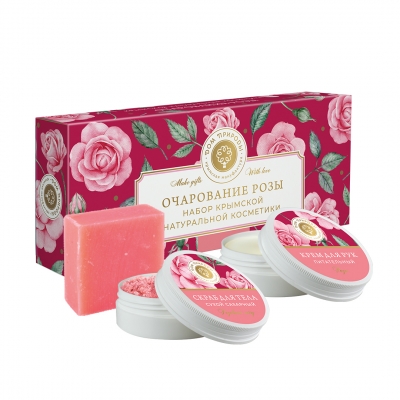 Подарочный набор Очарование розы: Крем для рук Роза питательный Дары Крыма 50г, Сахарный скраб для тела Розовый мед 50г, Парфюмированное мыло Шелковая Роза из набора парфюмированного мыла "Очарование розы" 90г