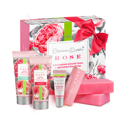 Подарочный набор Крымской косметики с абсолютом розы: Крем для рук Розовый бархат 70г, Крем для ног Освежающая роза 70г, Бальзам для губ Ванильна роза 8г, Набор Парфюмированного мыла Изысканная роза 200г